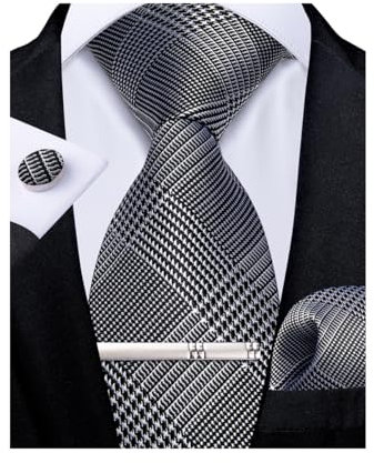 DiBanGu Krawatten für Männer Seide Schwarz Kariert Herren Krawatten mit Taschentuch Manschettenknöpfe Krawattenklammer Set für Hochzeit Formell 5PCS