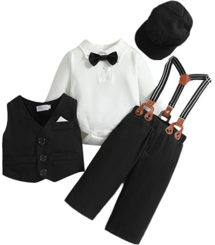 Odizli Baby Anzug Junge Taufanzug Langarm Strampler Body+Hosentr�ger Hose+Weste+Fliege+M�tze 5tlg Bekleidungssets Hochzeit Festlich Babykleidung Taufbekleidung Fotoshooting Schwarz 6-12 Monate