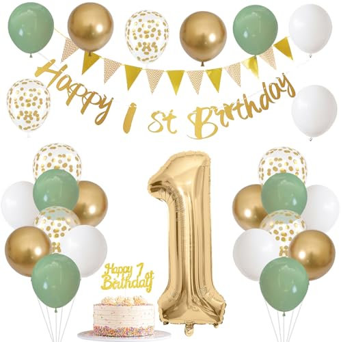 1st Birthday Decorations for Boys Girls - Sage Green White Gold Balloons, Happy Banner, Cake Decoration, Number 1 Balloon for Baby's First Year Party Decor