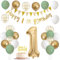 1st Birthday Decorations for Boys Girls - Sage Green White Gold Balloons, Happy Banner, Cake Decoration, Number 1 Balloon for Baby's First Year Party Decor