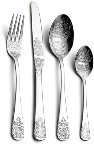 Vaisselle Couverts À Motif Vintage Argenterie 24 Pièces, Ustensiles en Acier Inoxydable Plaqué Or 18/10, Ensemble De Couverts pour 6 Personnes Service De Table Réutilisable,24 Pièces Argenté,Pictu