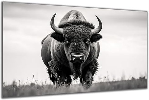 DARO Design - Wand-Bild auf 6mm HDF 84x56 cm Bison frontal schwarz weiß - Wand-Deko Bilder Geschenk