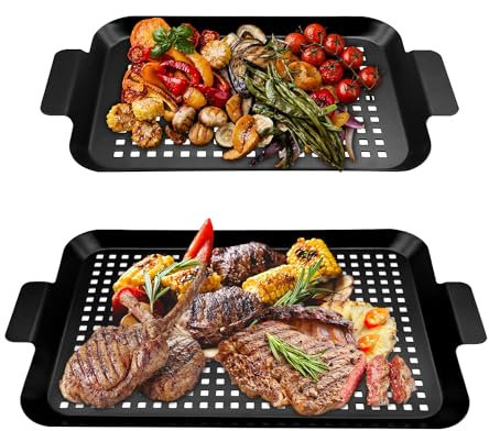 PAXLINSEN Grillschale, 2er Set Grillschalen mit Antihaftbeschichtung Vann als Gemüsekorb, Fischkorb Verwendet Werden, Grillschalen für Gasgrill Verhindert, dass Lebensmittel in den Grill Fallen