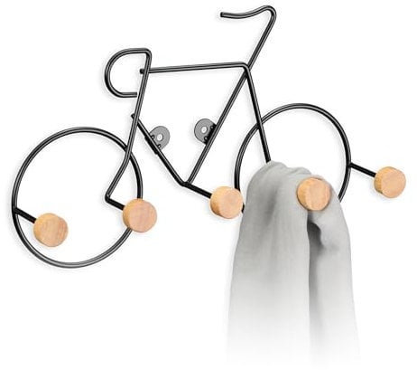 Relaxdays Kleiderhaken im Fahrrad-Design, 5 Haken Flurgarderobe, Jackenhalter für Wand, Garderobenhaken, schwarz/braun