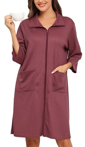 Lovasy Bademantel Waffelpique Damen mit Reissverschluss 3/4 Ärmel Waffelstrick Leichter Morgenmantel Knielang mit Taschen,Soja-Rosa,XXL