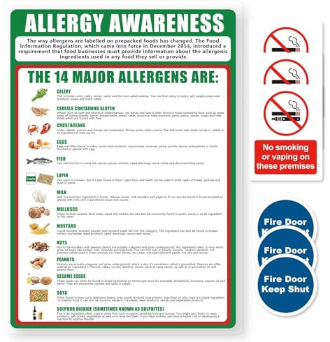 1 affiche de sensibilisation aux allergies alimentaires, 3 affiches « Interdiction de fumer ou de vapoter dans ces locaux » et 3 portes coupe-feu « Keep Off », affiche de santé et de sécurité pour les