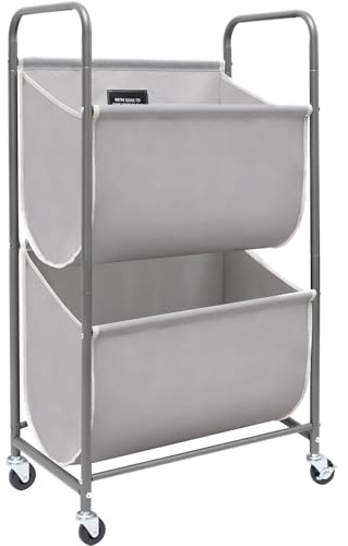 STORAGE MANIAC - 80 Liter Vertical Laundry Sorter, 2 Section Laundry Hamper with Wheels and 2 Shelves, 2 Tier Laundry Baskets for Small Space, Bedroom, Laundry Room, Closet,