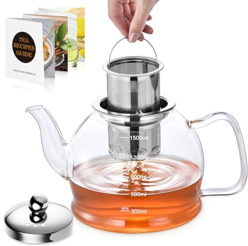 Teekanne Glas 1.5L, Teekanne mit Siebeinsatz, STNTUS Glaskanne mit Teesieb für Losen Tee, Teeblumen, Tee Kanne Tropffrei, Teebereiter, Teekannen Hitzebeständig