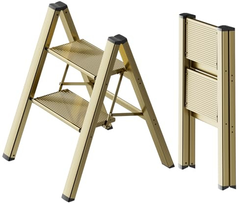 SOLADDER Hocker mit 2 Stufen, rutschfest und leicht, zusammenklappbar, für Kinder und Erwachsene, zur Verwendung in Küche, Schrank und Bibliothek, 136 kg (Gold)