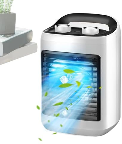 Rrlihjgu Ventilador de aire acondicionado, ventilador de aire frío para dormitorio, pequeño y silencioso, humidificador portátil con tanque de agua, modos ajustables, dispositivos geniales para el