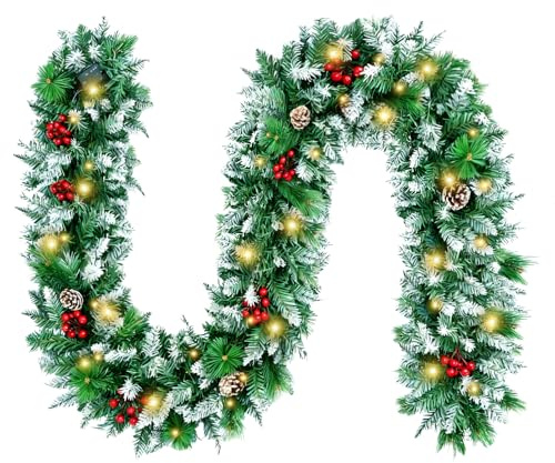 2,7 M/9FT Weihnachtsgirlande mit Beleuchtung, Weihnachtsdekoration für Kamin, Treppe, Türgeländer, Fenster, Tannengirlande mit Lichterkette, Roten Beeren und Tannenzapfen Girlande
