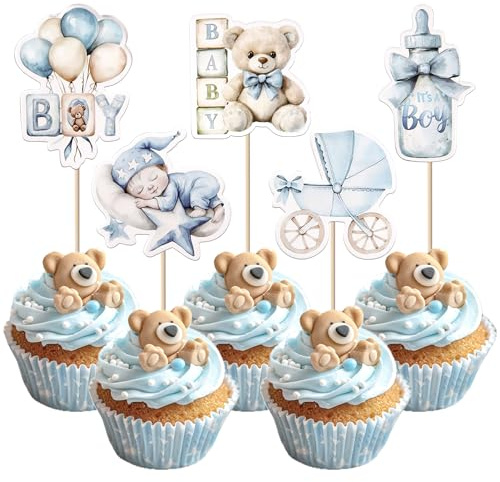 40 Stück Baby Dusche Tortendeko Bären Ballon Kuchen Deko It's a Boy Cupcake Toppers Flaschen Kinderwagen Cupcake Dekorationen für Geschlecht Enthüllt Thema Party Kuchen Dekorationen Blau