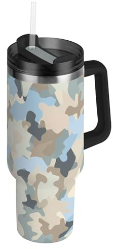 SyXIOP Thermobecher mit Deckel und Trinkhalm, mit Griff, für Zuhause, Büro oder Auto, Camouflage, wasserfarben, vakuumisoliert, breite Öffnung, 1,2 l