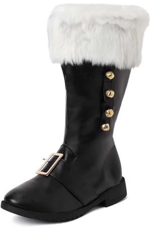 Christmas Santa Claus Boots Men's Wide Calf Santa Combat Boots with White Plush Cuffs Xmas Mid-Calf Boot Foot Bells Buckle Strap for Christmas UK Ladies Footwear Santa boots for men,Christmas Costume