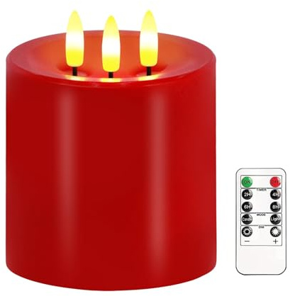AVEKI 4x4 Flameless Flickering Candles, Large 3 Wick Real Wax LED Candles with Remote & Timer, Battery Operated Pillar Candle for Wedding Party Christmas Home Decoration (Red)