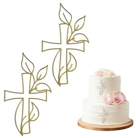 2 PCS Tortendeko Kommunion,Tortendeko Taufe,Acryl Kuchenaufstecker Goldenes Kreuz mit einzigartigem Blatt Design,Ideal als Tortentopper für Taufe,Kommunion,Konfirmation,Hochzeit und festliche Anlässe