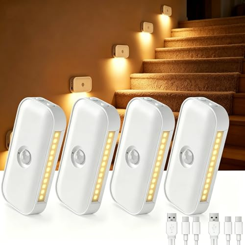 Luz Nocturna con Sensor de Movimiento, [4 Piezas] Recargable Luz Nocturna Infantil con Blanco Cálido, 3 Modos(Auto/Off/Night), Brillo Ajustable, Luz Noche para Niños, Pasillo, Escaleras y Dormitorio