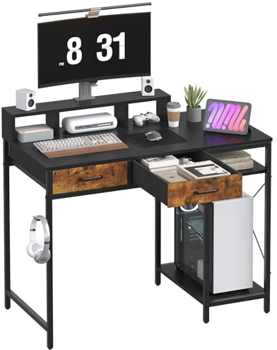 Feonase Ergonomic Computer Desk with Monitor Riser, 2 Under-Desk Drawers, CPU Stand & Hook – MDF Desktop for Home Office, Gaming & Study Black (100x50x87cm)