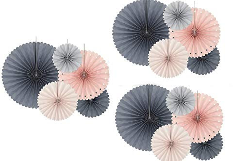 RiloStore 15 teiliges DEKO-Set Rosetten rosa grau Weiss Pastell Rosette Pompoms Herzen Hochzeit Hängedekoration Raumdeko Hochzeitsdeko Partydeko Seidenpompoms Lampions Hängedekoration Laternen