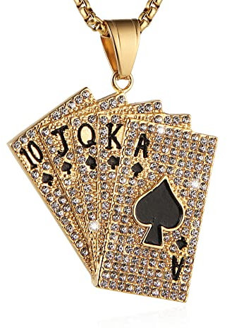 AsAlways Hip Hop Rock Playing Card Poker CZ Pendant Good Luck Royal Flush Ace of Spade Stainless Steel Necklace(Gold)