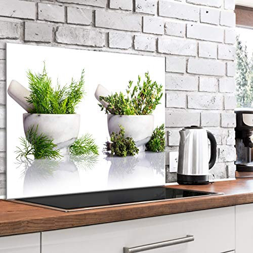 murando Spritzschutz Glas für Küche 80x60 cm Küchenrückwand Küchenspritzschutz Fliesenschutz Glasbild Dekoglas Küchenspiegel Glasrückwand Kräuter Pflanzen - j-B-0094-aq-e