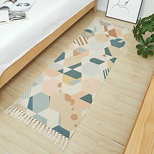 Marokkanisch Wohnzimmer Teppich, Gewebt Baumwolle Teppich Mit Quaste,Waschbar Rutschfest Bereich Teppich,Dekorative Handwebteppich Für Wohnzimmer, Schlafzimmmer,Esszimmer, Waschküche,60x180cm/24x71