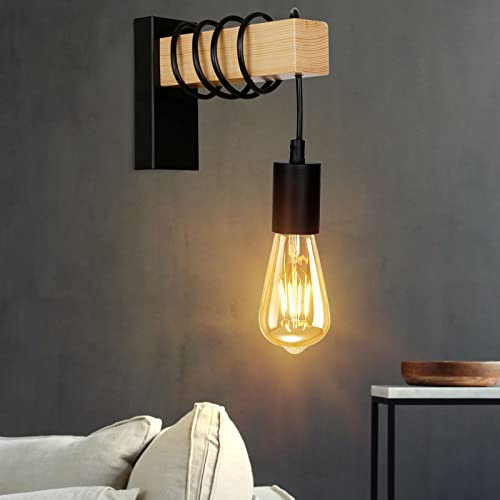 Applique Murale Rétro, Lampe Murale en Bois, Longueur de câble Ajustable, Douille E27, Design Vintage Industriel, Rétro Applique pour le Couloir, Maison, Bar, Café, Chambre, Salon, Sans Ampoule