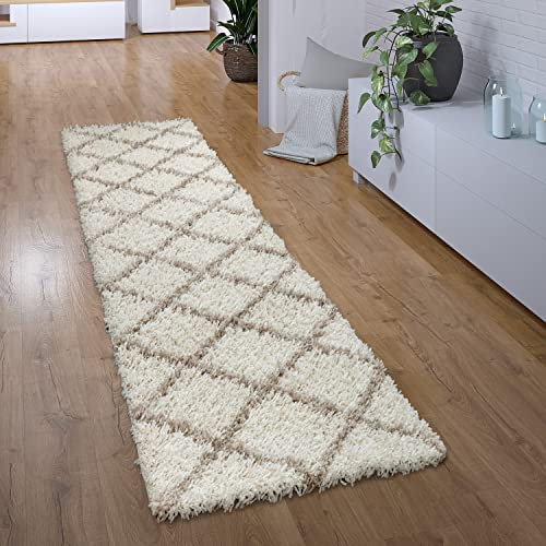 Paco Home Hochflor Teppich Läufer Flur Schlafzimmer Wohnzimmerteppich Shaggy Langflor Modern Skandinavisch Rautenmuster, Grösse:60x100 cm, Farbe:Beige-Creme