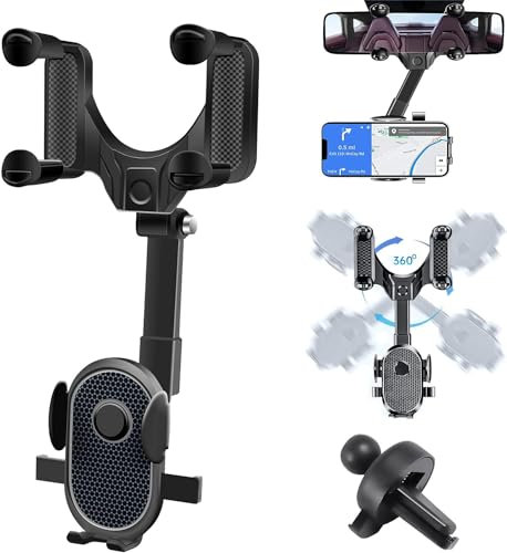 KeautFair 2024 2-in-1 Handyhalterung Auto für Rückspiegel, 360° Drehbarer/Einziehbarer Smartphone Halterung Auto, Einstellbarer KZF Handy Halterung für 4.5-7 Zoll Verschiedenen Smartphones(Schwarz)