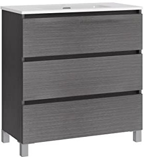 Baikal, Conjunto de baño Natura. Mueble de Baño de Fondo Reducido, con Lavabo cerámico. Distribución Tres Cajones. Mueble MONTADO. Tres Cajones sin Espejo. Fondo 39cm 70 cm Ceniza