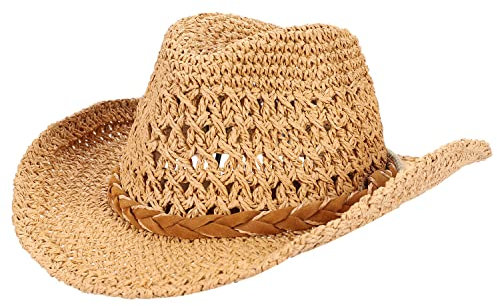 XGOPTS Herren Strohhut Cowboy Sommer Cowboyhat Große Krempe Sonnenhut Männer Junge Sommerhut Atmungsaktiv Herrenhut Modisch Trilby Hut Outdoor Partyhut Klassisch Strohhut Fasching Reise