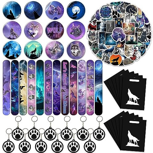 Wolf Party Favors 98 Stück Galaxy Wolf Thema Geburtstag Party Supplies with Slap Armbänder, Aufkleber, Key Chains, Pin Badges and Gift Bags for Kids Boys Girls Wolf Birthday Party Decorations Supplies