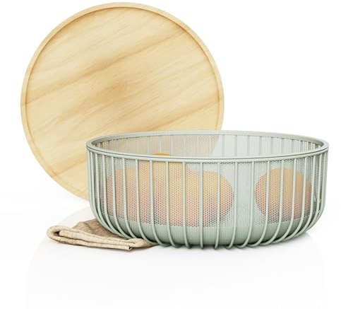 LIBKEN Obstkörbe aus Metalldraht mit Holzdeckel – fliegensichere Lösung für frisches Obst – überzogene Obstschale – Abdeckung gegen Fliegen für Banane, Tomaten und Gemüse – Grün