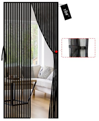 YRH Magnetic Fly Screen Door with Stay Open Buckles - Heavy Duty Self-Sealing Mesh, No Drill Installation,Powerful Magnets,Full Frame Magic Tape (80x200 cm, Black)