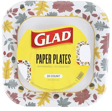 Glad Square Disposable Paper Plates, Falling Foliage Pattern - Strong, Sturdy, Soak Proof, and Microwavable Decorative Plates for Dinner and Everyday Use, 10 Inch, 20 Count