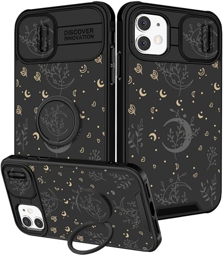Pegmode (2in1 for iPhone 11 Case for Women Moon Stars Cute Girly Girls Phone Cases Pretty Black Unique Design with Slide Camera Cover+Ring Holder Fashion Space for Apple iPhone 11 Cover 6.1 inch
