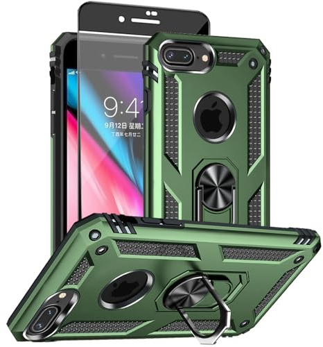 Aozuoton for iphone 8 Plus Case, iphone 7 Plus Phone Case with HD Screen Protector, [Military Grade 16ft. Drop Tested] Ring Shockproof Protective Phone Case for iphone 8/7 Plus Army green