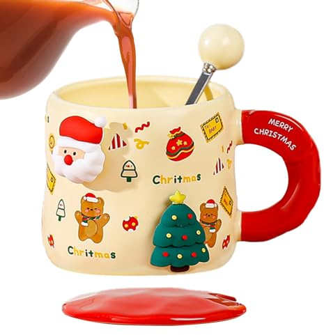 Holdes Coffee Mug Stack - Tea Mugs with Lid and Spoon | Microwave & Dishwasher Safe Holiday Mugs for Festive Season