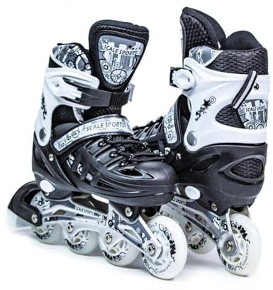 Scale Sports - Adjustuble Roller Skates with light up wheels for children and adults - Kids Inline Roller Skates (black-white, UK 2-4.5 (EU 34-37) M)