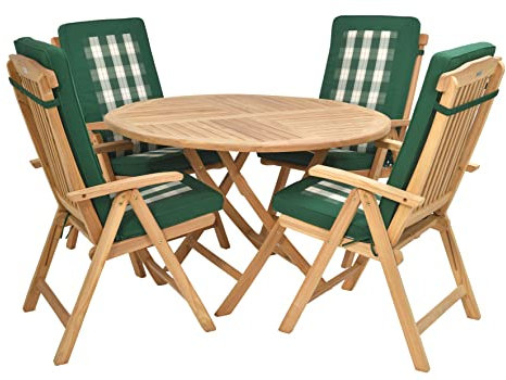 Rattanland® Gartenmöbel Set Holz, Klappbar Gartentisch mit 4 Stühlen (FSC® - zertifiziertes Teakholz) mit Kissen - Möbelsets, Ausziehbar Gartentisch Rund, Möbel für Garten, Garden Furniture Sets