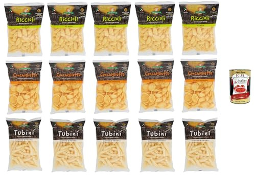 Italian Gourmet Testpaket Pasta Mix Riccioli Tubini Conchiglie, 15 x 100g | Piccoli formati assortiti per minestre; kleine Sorten für Suppen und, Gesamtnettogewicht 1,5 kg + Kostenlos Polpa 400g