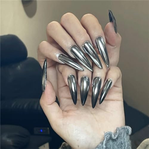 Stiletto Long Press on Fake Nails Metallic Silver Nail Art Decoration Mirror Bright Manicure for Women and Girls 24pcs