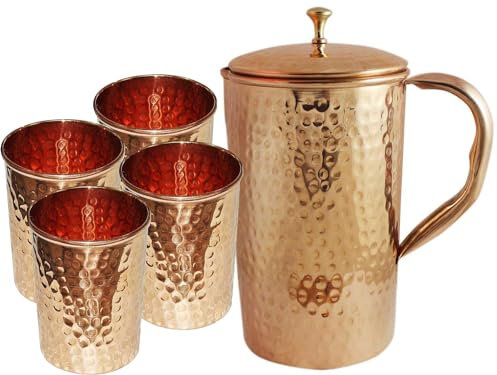 Grainex Copper Hammered Jug with 4 Tumbler | Copper Pitcher for Ayurveda Health Benefits | Copper Water Hammered Jug with Lid and Brass Handle (Modern Style)