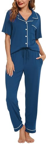 Lovasy Pigiama in Cotone Donna Con Bottoni Set Estivo: Camicia Maniche Corte e Pantaloni Lunghi Traspiranti, Casual in Due Pezzi, Blu Cobalto, XL