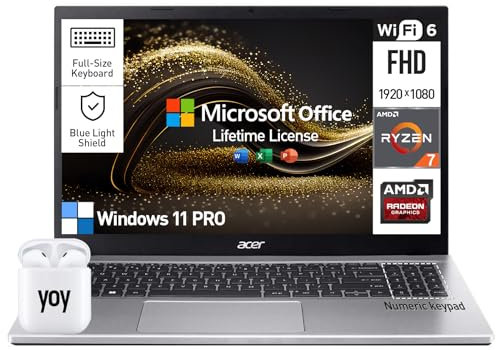 Acer Aspire 3 15.6 Laptop Computer, 15 Inch FHD College Students & Business Laptop PC, AMD Ryzen 7, 64GB RAM 1TB SSD, Windows 11 Pro, Lifetime Office, Numeric Keyboard, Ethernet Port, HDMI, Camera