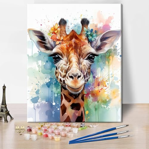 TISHIRON Girafe - Kit de Peinture par Numéros pour Adultes - Fleurs - Acrylique et Aquarelle - 40 x 50 cm (Sans Cadre)