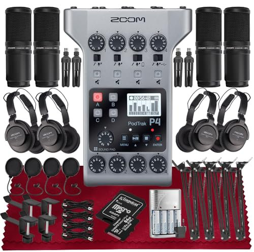 Zoom PodTrak P4 Tragbarer Multitrack-Podcast-Recorder, Audio-Schnittstelle mit 4 Mikrofoneingängen, 4 Kopfhörerausgänge mit 64 GB SD, 4 x Zoom-Podcast-Mikrofon-Set, 4 x Pop-Filter-Set, 4 AA-Batterien