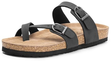 FITORY Women's Slide Sandals with Soft Cork Footbed, Comfort Arch Support Flat Sandals for Summer Matte Black Size 6