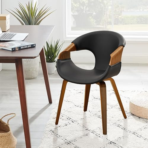 Zouron Mid Century moderner Stuhl, Retro PU Leder gepolstert Büro Schreibtisch Stuhl Keine Räder, Bentholz Akzent Stuhl mit Holzbeinen, Walnuss Holz Finish, Schwarz