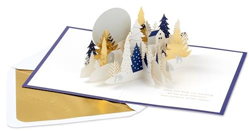 Hallmark Weihnachtskarte Winterwald Design 3D und Pop Up Karte Rentier Hirsch Weiß Gold Navy